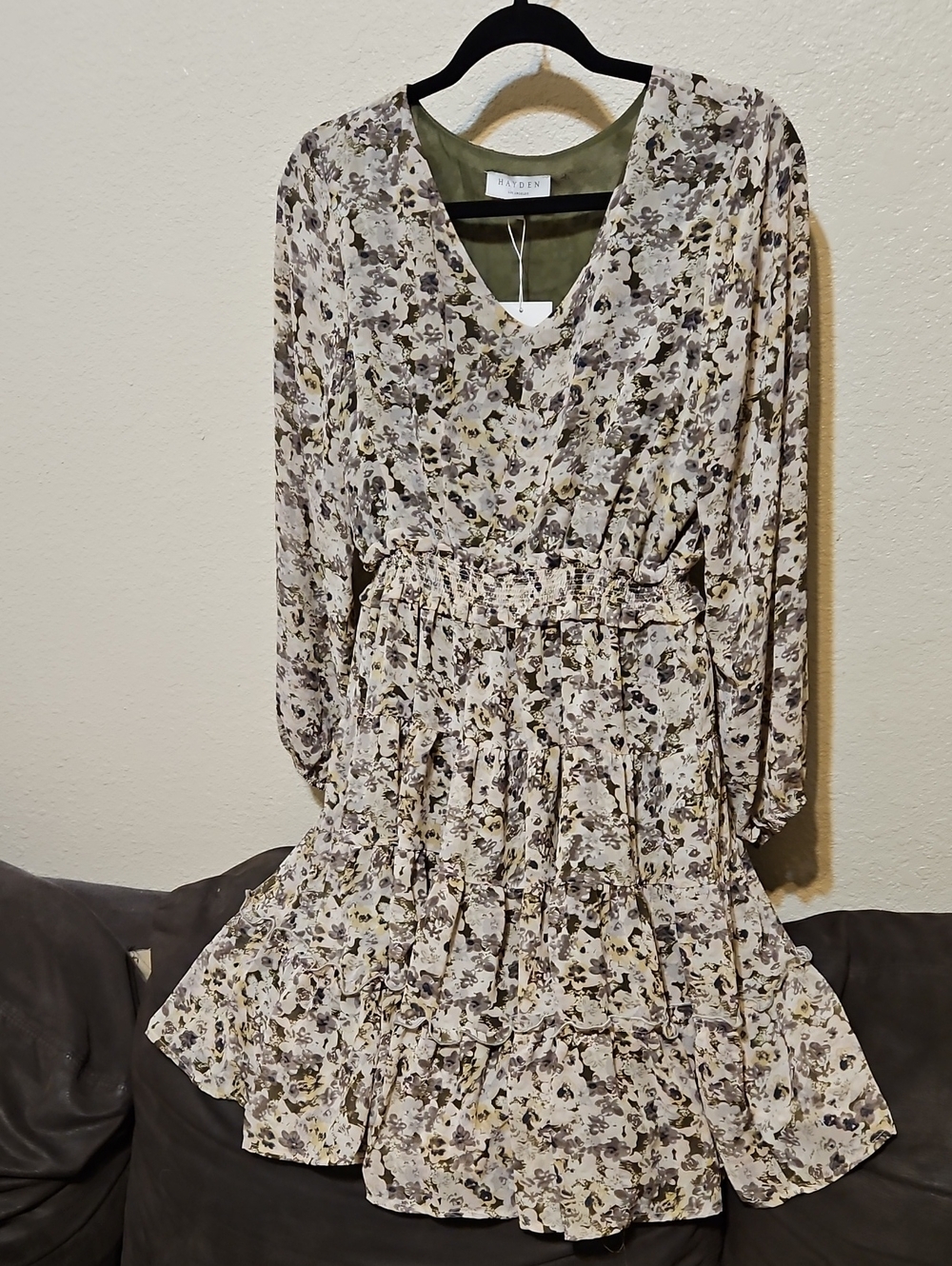 Hayden Olive & Cream Floral Long-Sleeve Wrap Midi Dress - Picture 1 of 9